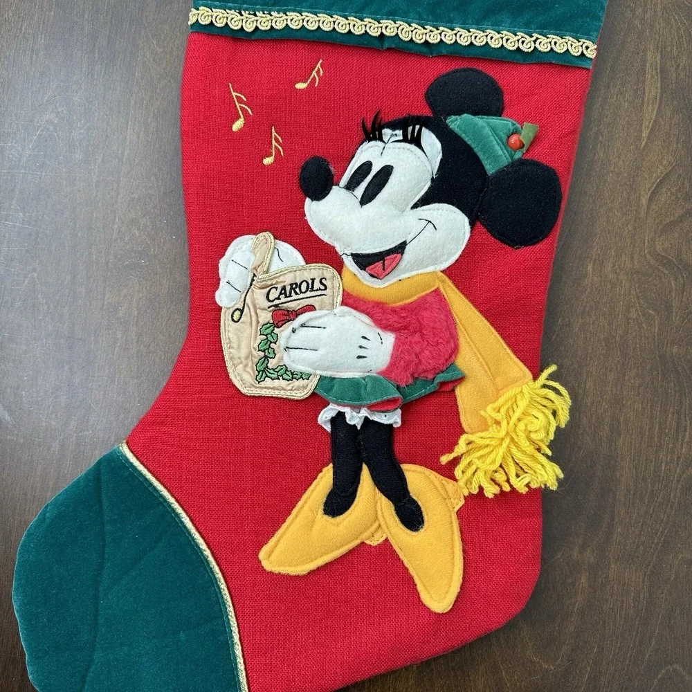 Vintage Disney Mickey Minnie Mouse Felt 3D Christmas Stocking Drummer Caroler